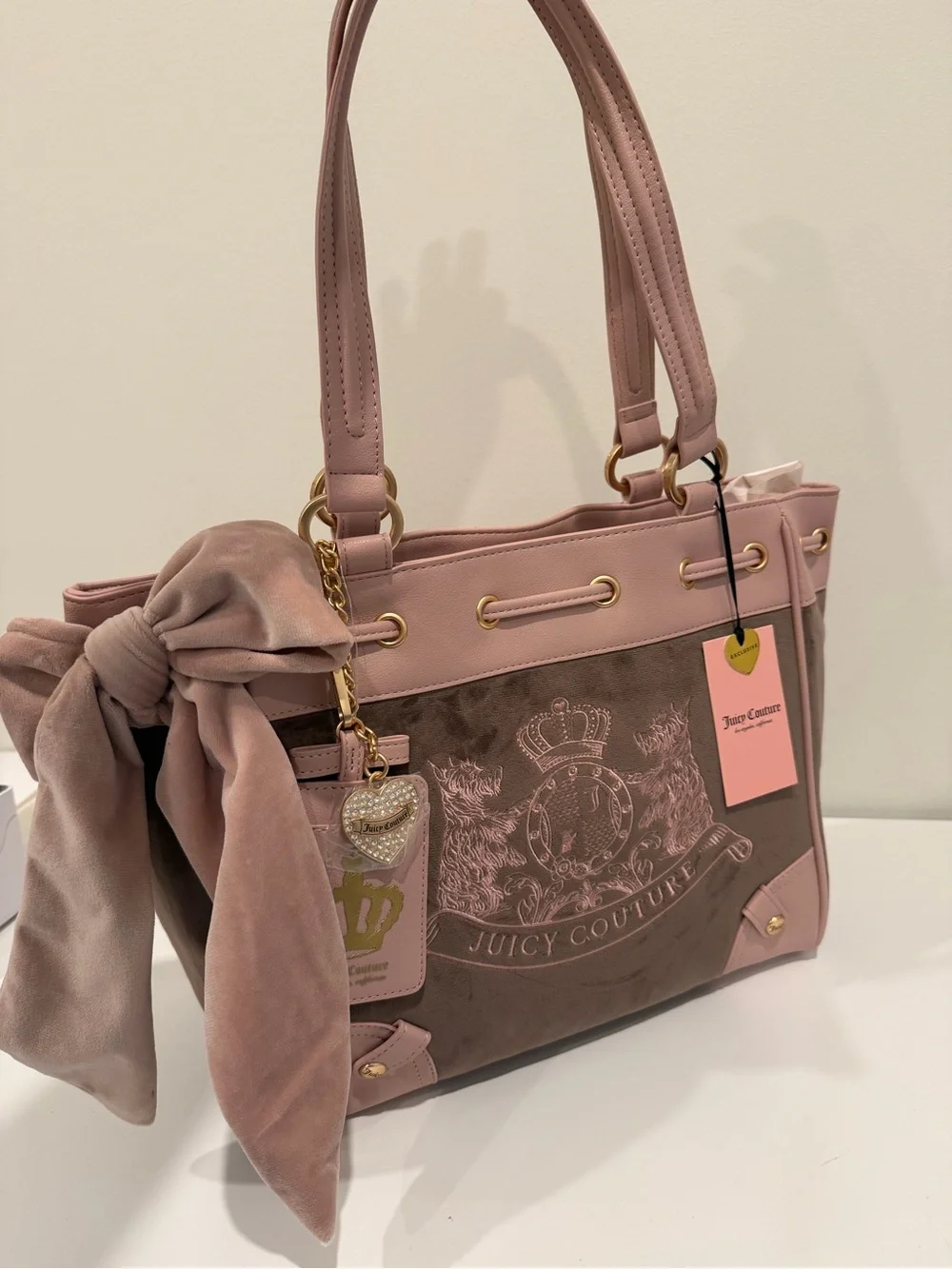 Juicy Couture Dusty Pink Velvet & Leather Shoulder Bag with Charm